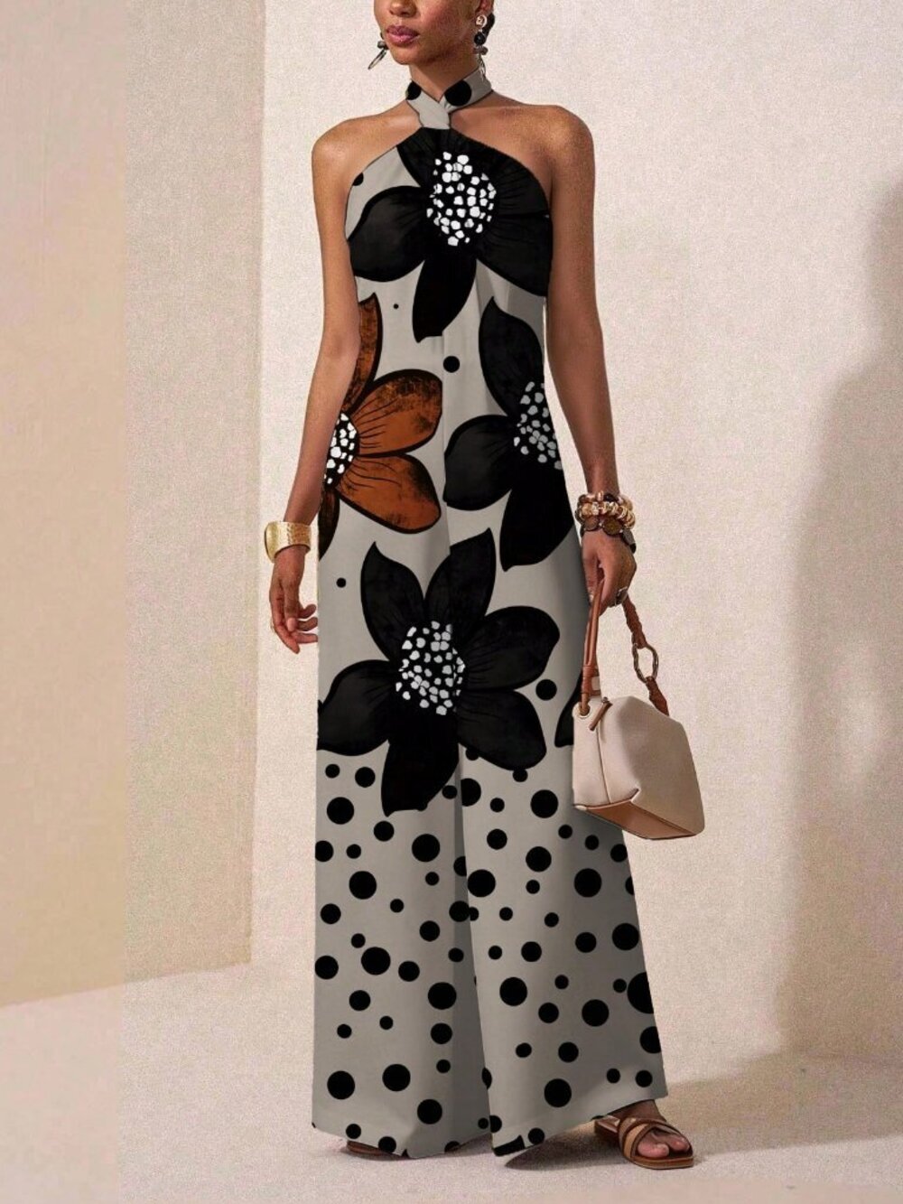 Multicolor Boho Women's Wide-Leg Halter Jumpsuit - Picture 5 of 5